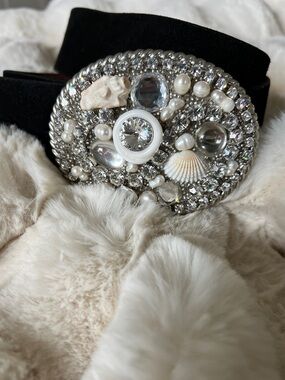 Authentic Douglas Cloutier Mosaic Pearl Shell Swarovski Mosaic Buckle Belt Sz 32